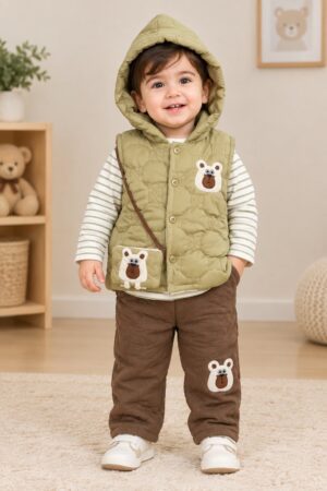 Cozy Bear Design Baby Girl Winter Outfit – Hooded Quilted Vest Set