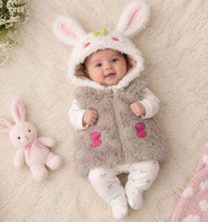 New Born Fluffy Bunny Hooded Baby Dress