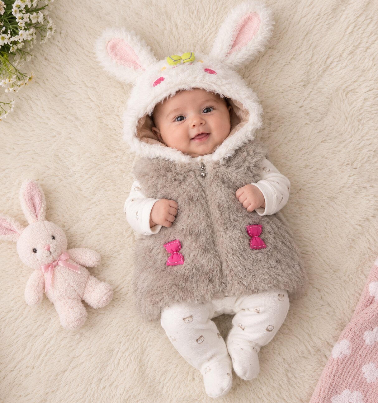 New Born Fluffy Bunny Hooded Baby Dress