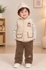 Premium Kids' Winter Outfit – Teddy Bear Hooded Padded Vest with Printed Shirt & Brown Trousers