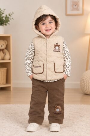 Premium Kids' Winter Outfit – Teddy Bear Hooded Padded Vest with Printed Shirt & Brown Trousers