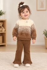 Toddler Girls Brown & Cream Fuzzy Sweater Set – Stylish Winter Knit Top & Flared Trousers