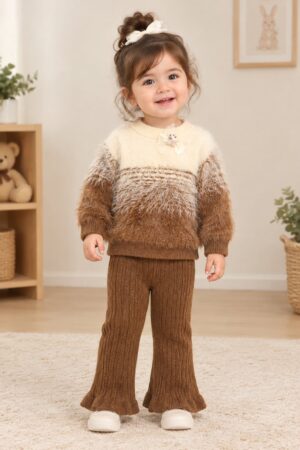 Toddler Girls Brown & Cream Fuzzy Sweater Set – Stylish Winter Knit Top & Flared Trousers