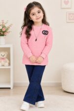 Girls’  Textured Top with Navy Blue Embellished Jeans